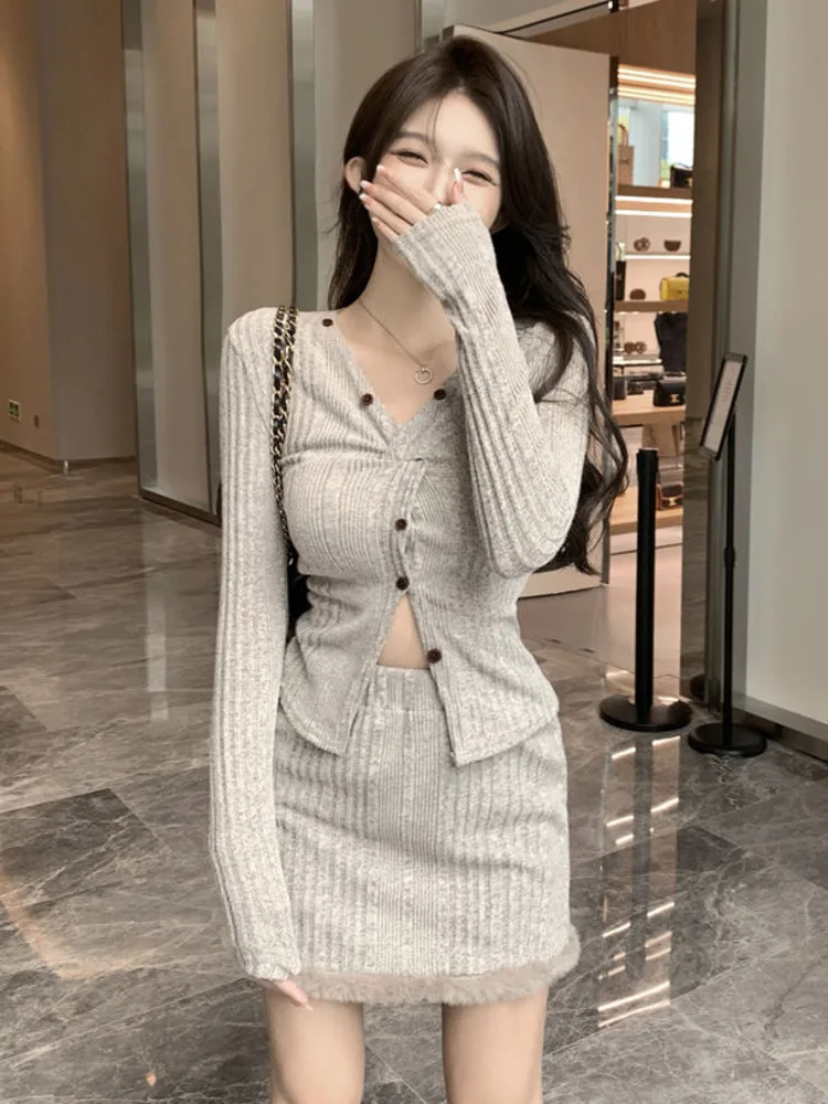 

Женский трикотажный Костюм-двойка, элегантный кардиган и облегающая юбка, комплект из двух предметов в Корейском стиле, Осень-зима 2022