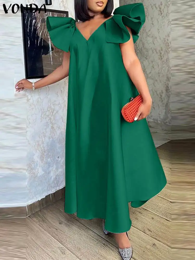 

Women Sexy V-Neck Party Sundress 2023 Summer Satin Ruffled Long Maxi Dress VONDA Elegant Short Sleeve Robe Femme Beach Vestidos