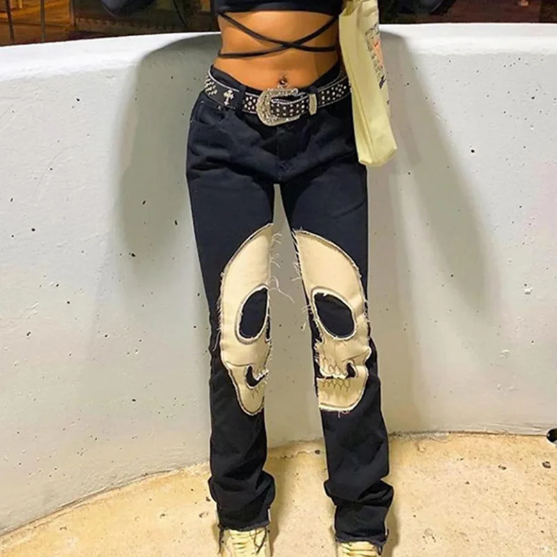 

Vintage Skull Print Jeans Female High Waist Harajuku Streetwear Baggy Straight Leg Jeans High Quality Chic Point Denim Trousers