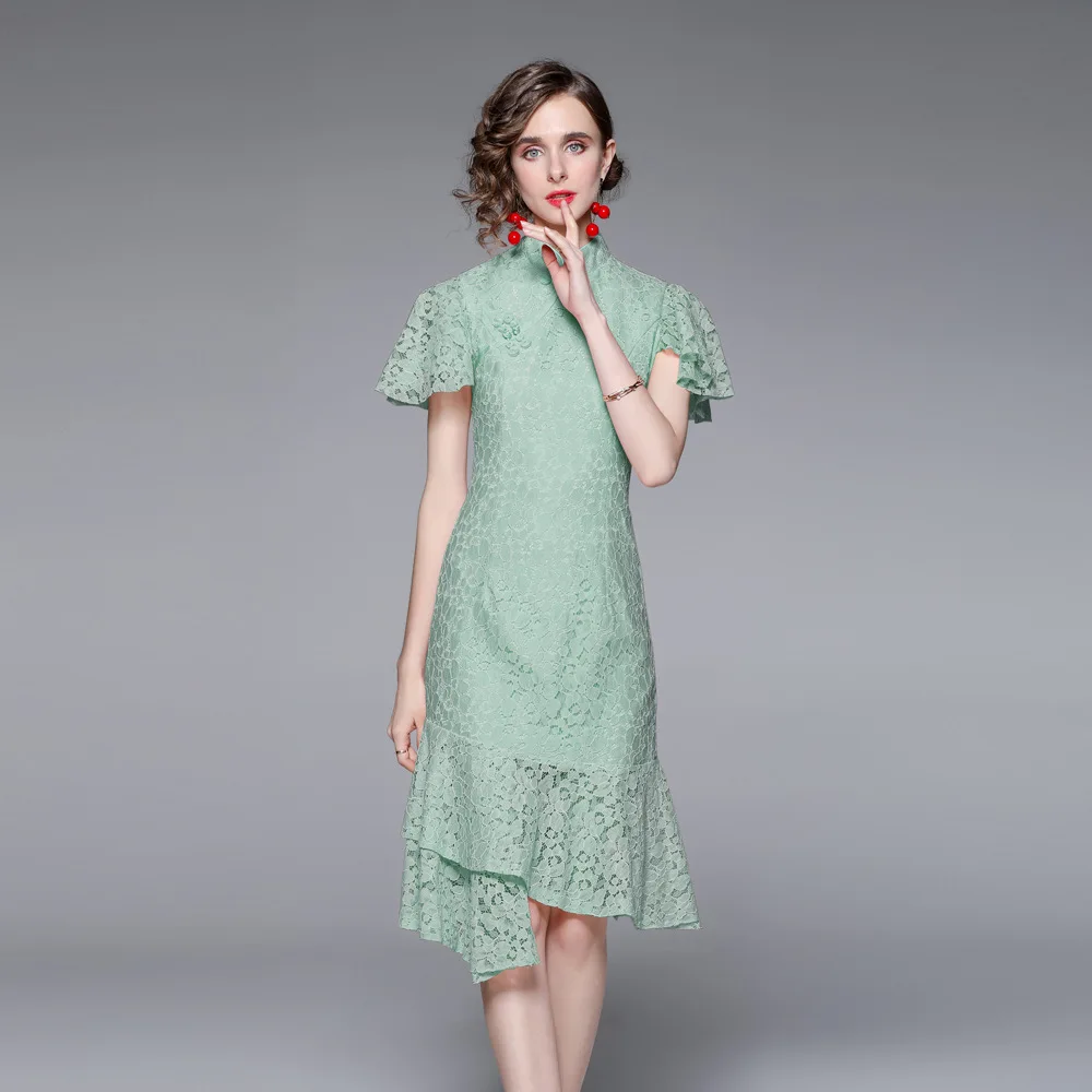 

Женское однотонное платье средней длины, элегантное кружевное платье в стиле ретро с коротким рукавом, летящее платье