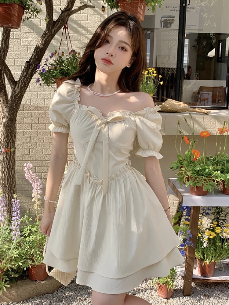 

Женское шифоновое мини-платье с бантом, приталенное платье с пышными рукавами и цветочным принтом в Корейском стиле, лето 2022