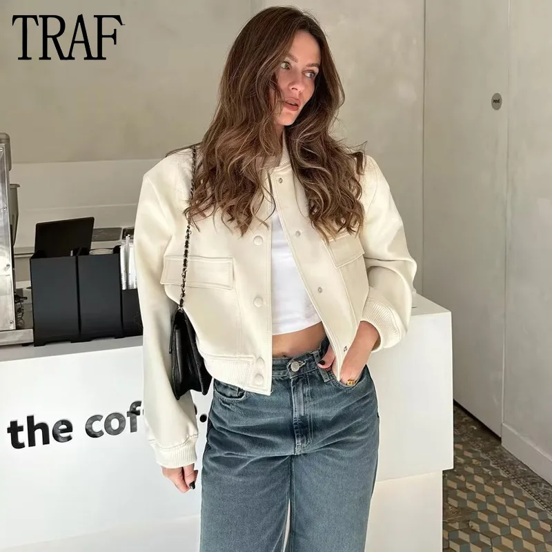 

TRAF 2023 Cropped Jacket Women 9 Colors Oversize Jacket Woman Long Sleeve Button Jackets for Women New in Outerwewears Coats