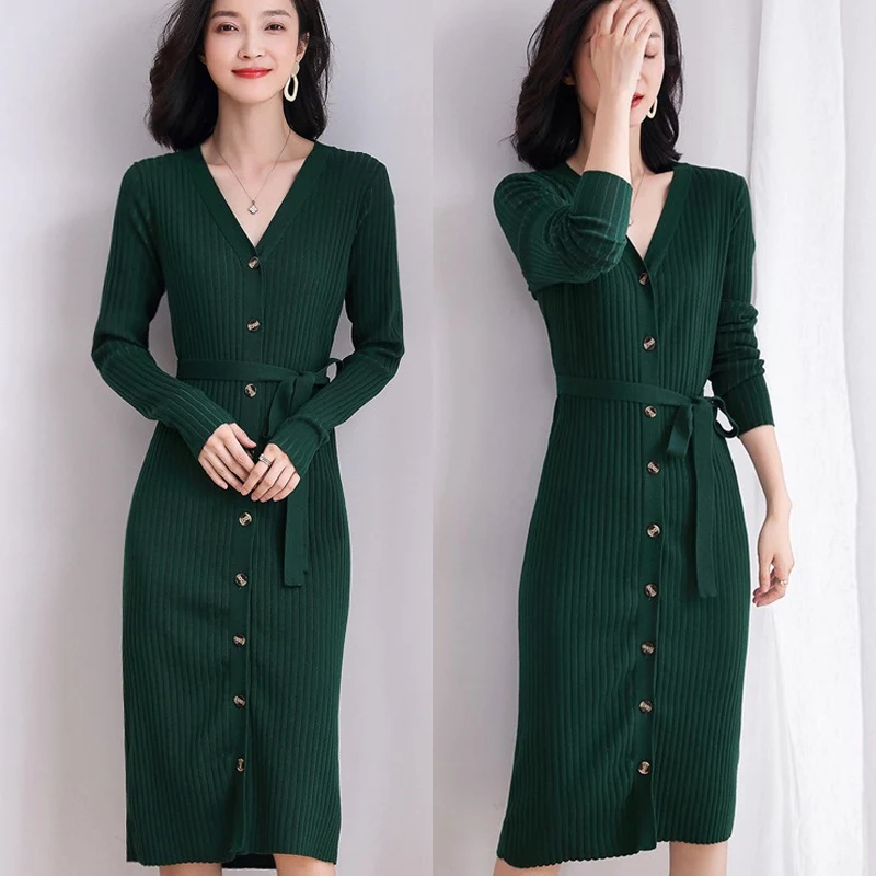 

Elegant Single Breasted Women Sweater Dress O-Neck Lace Up Female Knitted Dress Winter Long Dress