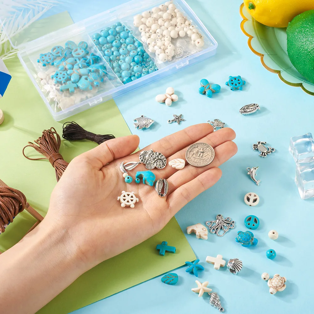 Turquoise Beads Set For Jewelry Making Dolphin Fish Boat Alloy Pendants Charms for DIY Ocean Theme Necklace Bracelet Accessories
