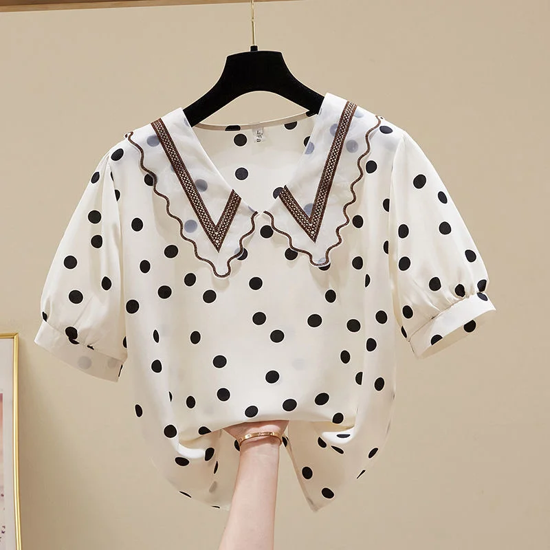 

L-4XL Large Blouses For Women New Summer Fashion Simple Short Sleeve Chiffon Oversize Shirt Polka Dot Tops Female Clothing