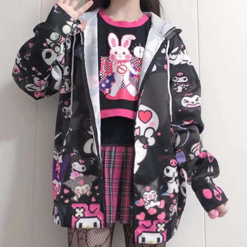 

Kawaii Sanrioed аниме мультфильм серия Kuromi милая Мода Свежий Чистый хлопок кардиган Свободный дикий средней и длинной пальто подарок для девушки