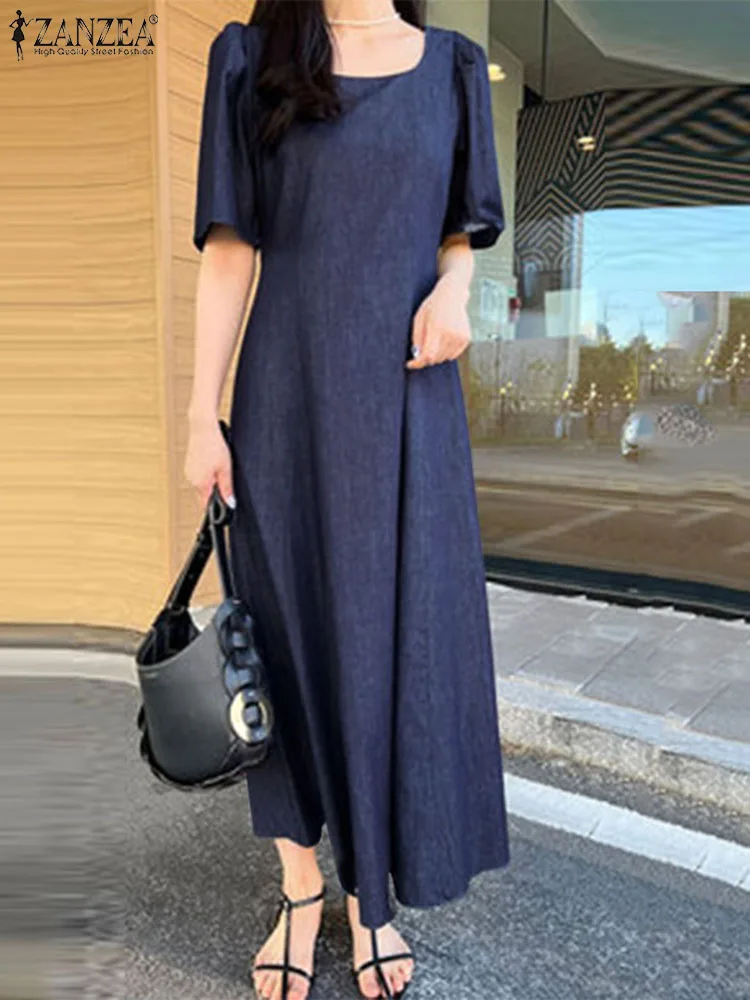 

ZANZEA Vintage Denim Dress Women Puff Sleeve A Line Dresses Fashion Square Neck Party Sundress Summer Denim Blue Vestido Robe