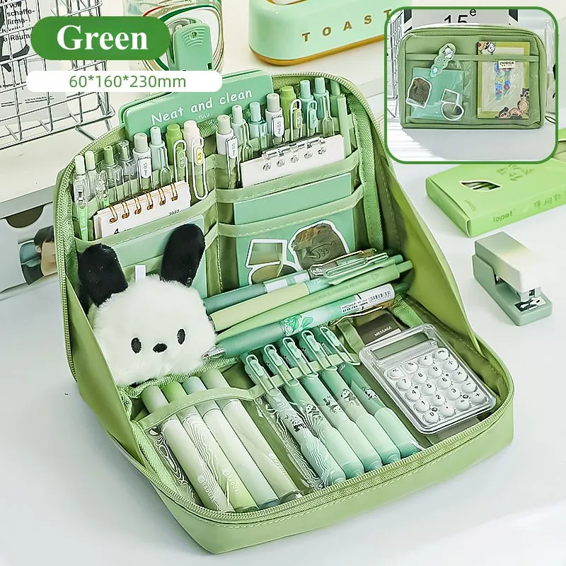 

Многослойный карандаш с открытием на 90 °, вместительная зеленая тканевая сумка для ручек и карандашей для студентов, школьные принадлежности, органайзер, принадлежности, пенал