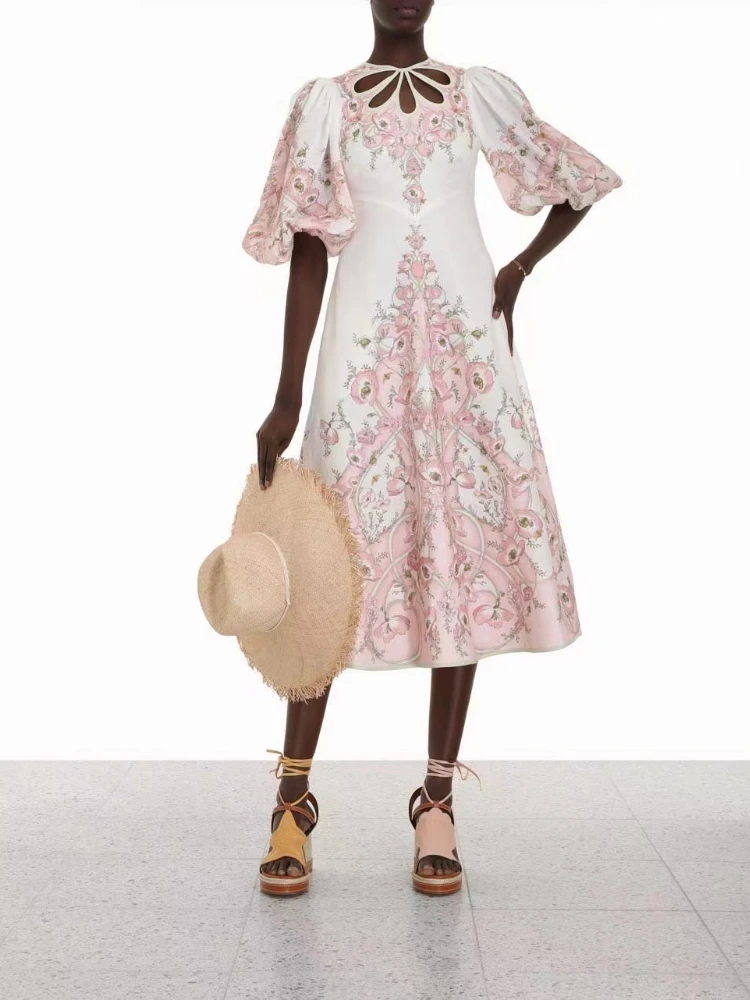 

Женское льняное платье с рукавами-фонариками, винтажное ажурное платье розового цвета с цветочным принтом, лето 2022