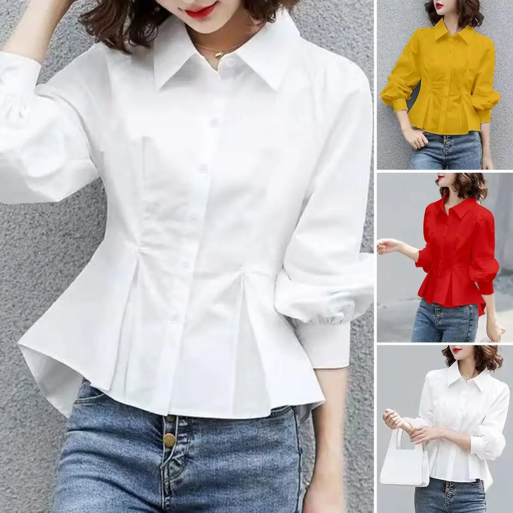 

Stylish Lapel Button Spliced All-match Folds Lantern Sleeve Shirt Women's Clothing 2023 Spring Autumn New Casual Loose Blouse