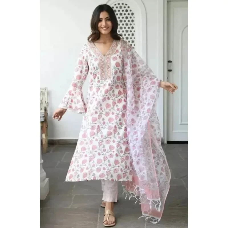 Красивый дизайнерский пижамный комплект из чистого хлопка с принтом Kurta