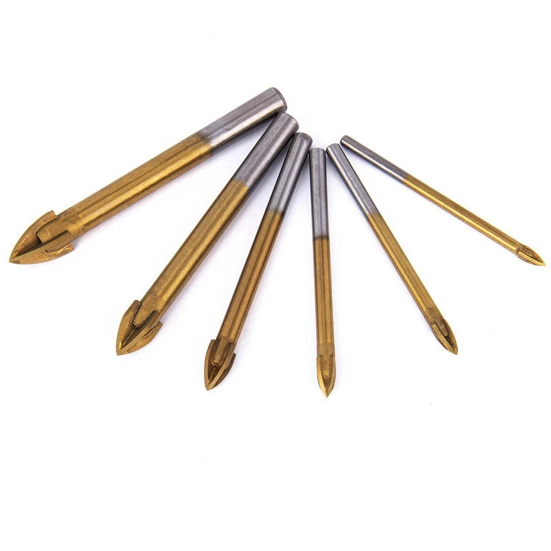 

12Pcs Titanium Coated Glass Drill Bits Set 4 Cutting Edges Cross Spear Head Drill With Hex Shank