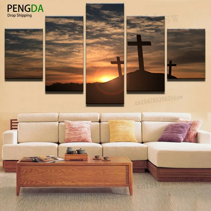 

Three Cross Mountain Sunset Landscape Painting 5 Panel Canvas Print Wall Art Home Decor No Framed 5 Piece HD Print Pictures