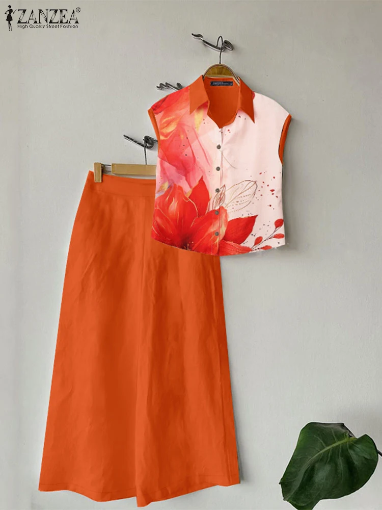 ZANZEA женские летние костюмы 2024 широкие брюки с принтом топ короткими рукавами