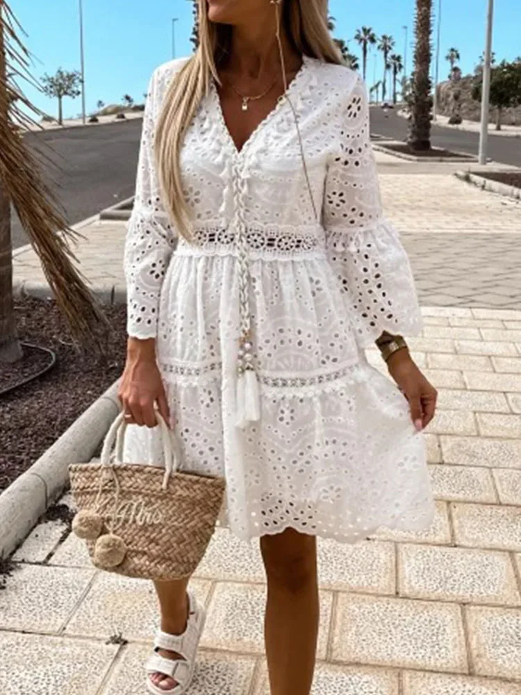 

Womens Fashion Short Sleeve Ruffle Loose Beach Dress Elegant Single Breaste Shirt Dress Sexy Embroidery Hollow Out Mini Cover up