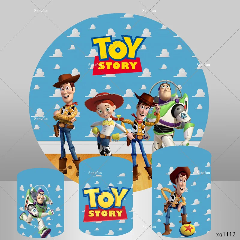 

Disney Toy Story Round Backdrop Cover Clouds Sky Wall Woody Buzz Lightyear Boys Birthday Party Circle Background Plinth Covers