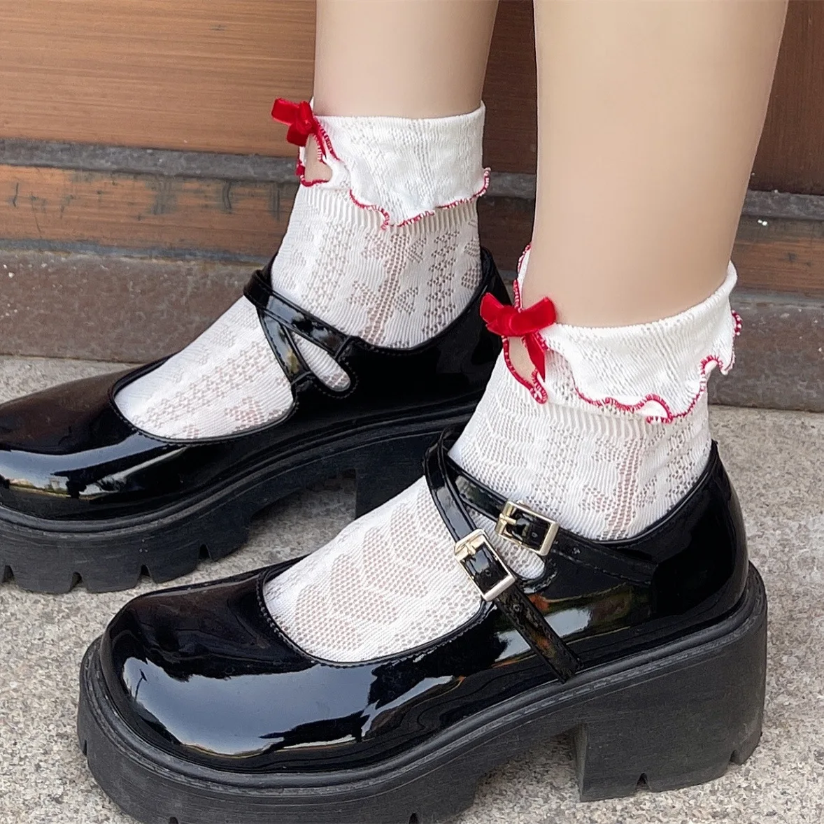 Sweet Cute Women Girls Socks JK Lolita Japanese Velvet Bow Ruffle Socks Hollow Out Sexy Lace Mesh Thin Low Cut Ankle Socks Women