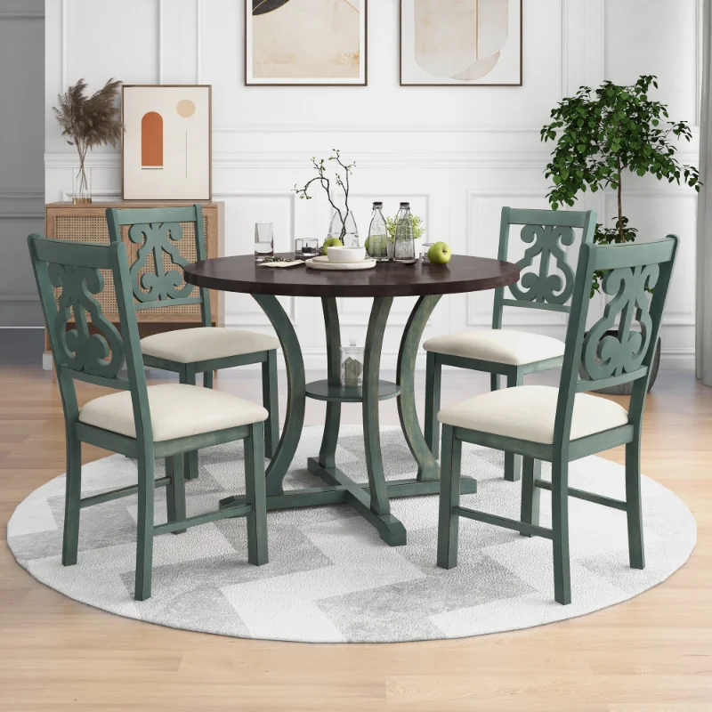 

TREXM 5-Piece Round Dining Table and 4 Fabric Chairs with Special-shaped Table Legs and Storage Shelf (Antique