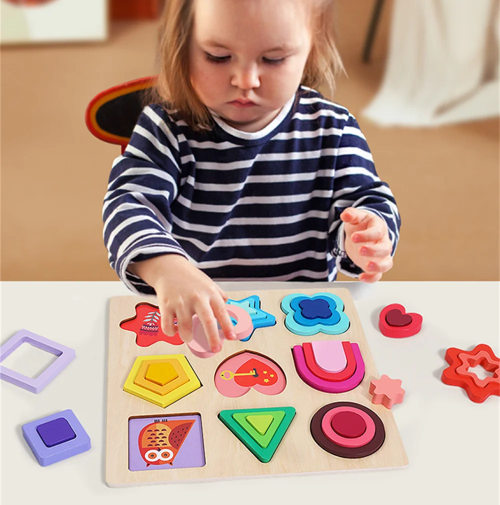 

3D Jigsaw Geometric Shape Cognitive Jigsaw Hand Grasping Board Children'S Enlightenment Puzzle Early Education Wooden Jigsaw Toy