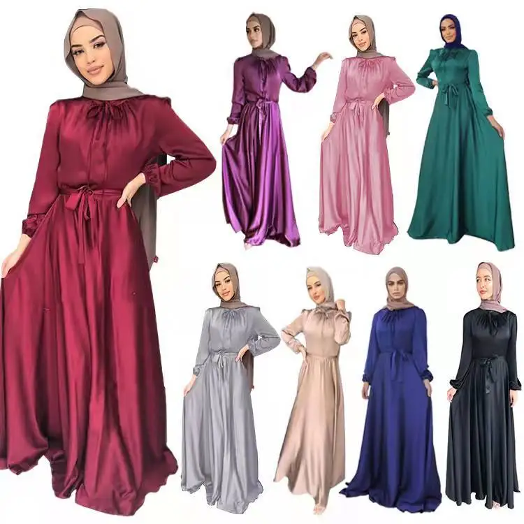 

Solid Color Satin Long Dresses For Women Muslim New Fashion Abayas Caftan Marocain Saudi Turkey Robe Arabe Islam Clothing wy108
