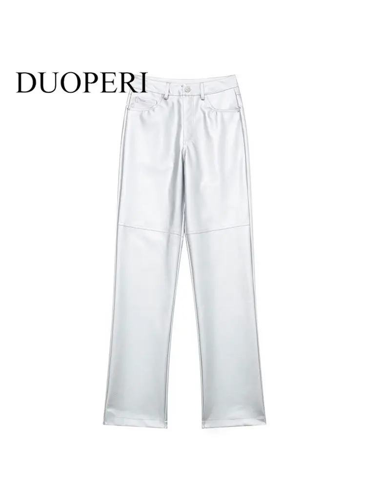 DUOPERI Women Fashion PU Silver Front Zipper Trousers Vintage High Waist Female Chic Lady Pants