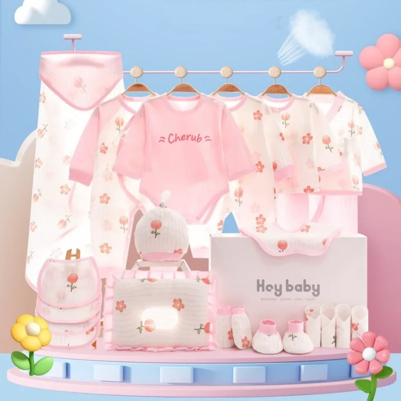 

22/24pcs Summer Newborn Clothes Set Breathable Thin Small Pink Flower Newborn Gift Pure Cotton Baby Girl Clothes No Box