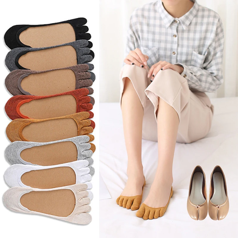 

1 Pair Summer Combed Cotton Socks Solid Comfortable Breathable Two Toe Socks Women Non-slip Invisible Low Cut Boat Socks