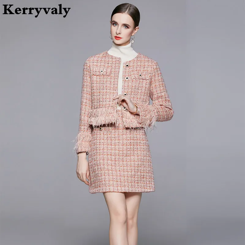 Light Luxury Handmade Beaded Ostrich Hair Coat Women Winter Tweed Small Fragrance Skirt Sets Two Piece Sets Womens Outifits K987