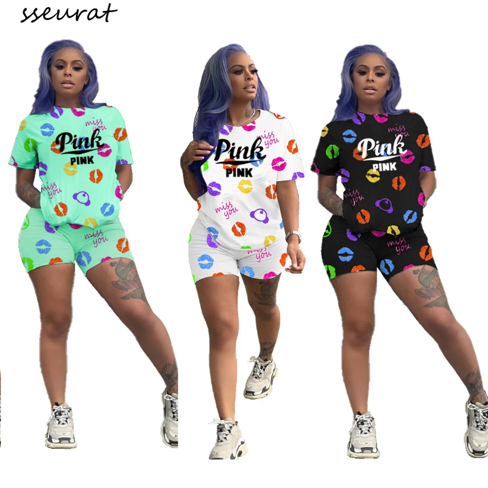 

SSEURAT Women Short Sleeve Lips Printed T-shirt Top Elastic Waist Shorts Two Pieces Set Casual Style Outfit