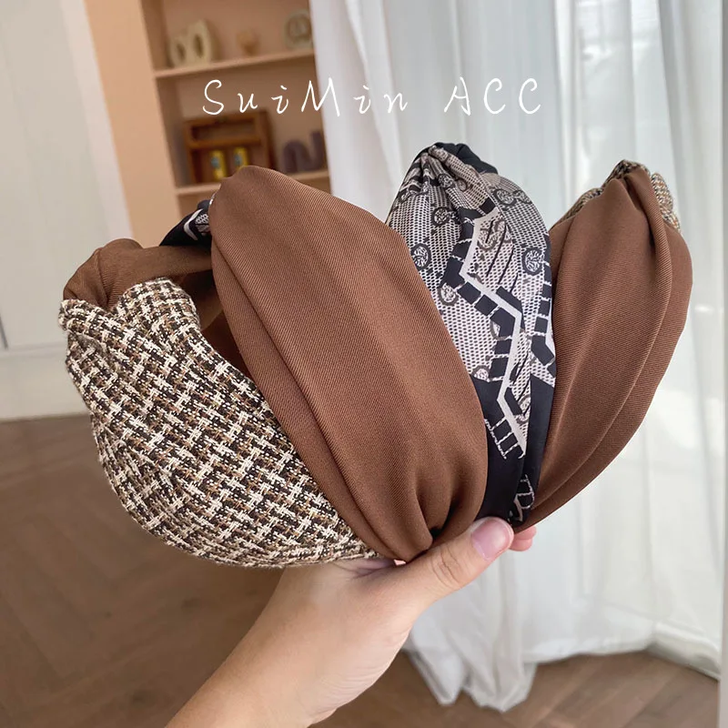 

Повязка на голову женская в клетку, модный аксессуар для волос с перехлёстом, тканевый широкий ободок, яркий цвет