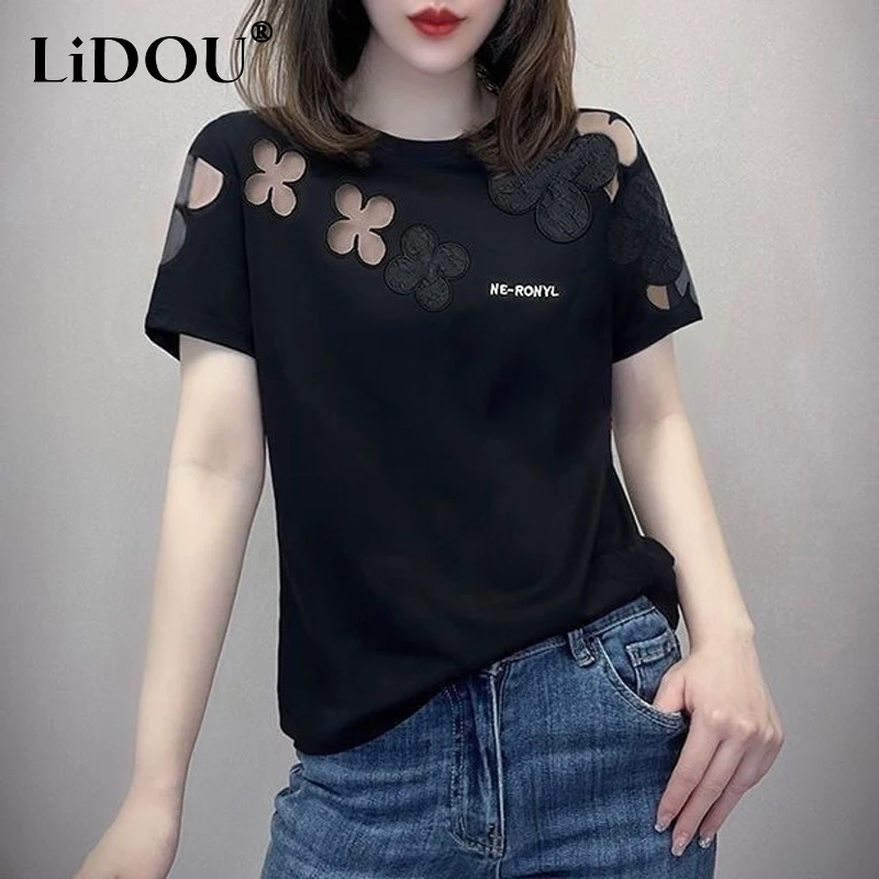 

2023 Summer New Fashion Elegant Loose Casual T-Shirts Women Solid Color Round Neck Short Sleeve Embroidered Hollow Cotton Tees
