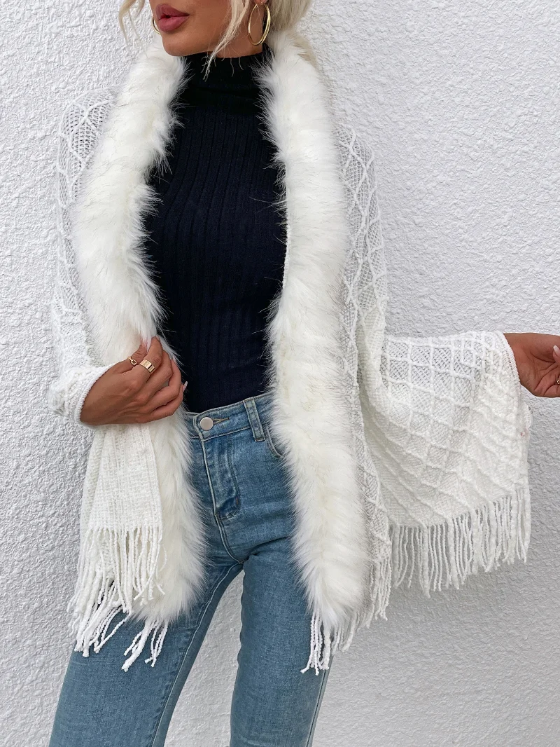 Black Solid Knitted Y2K Cardigan Fur Trim Elegant Fashion Sweaters Women Long Sleeve Slim Autumn Winter Jackets Outwear Fur Coat
