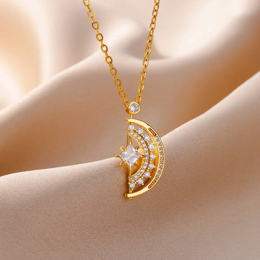 

Fashion Women Star Moon Copper Zircon Pendant Necklace for Women Girl Stainless Steel Crystal Chain Party Jewelry Gift