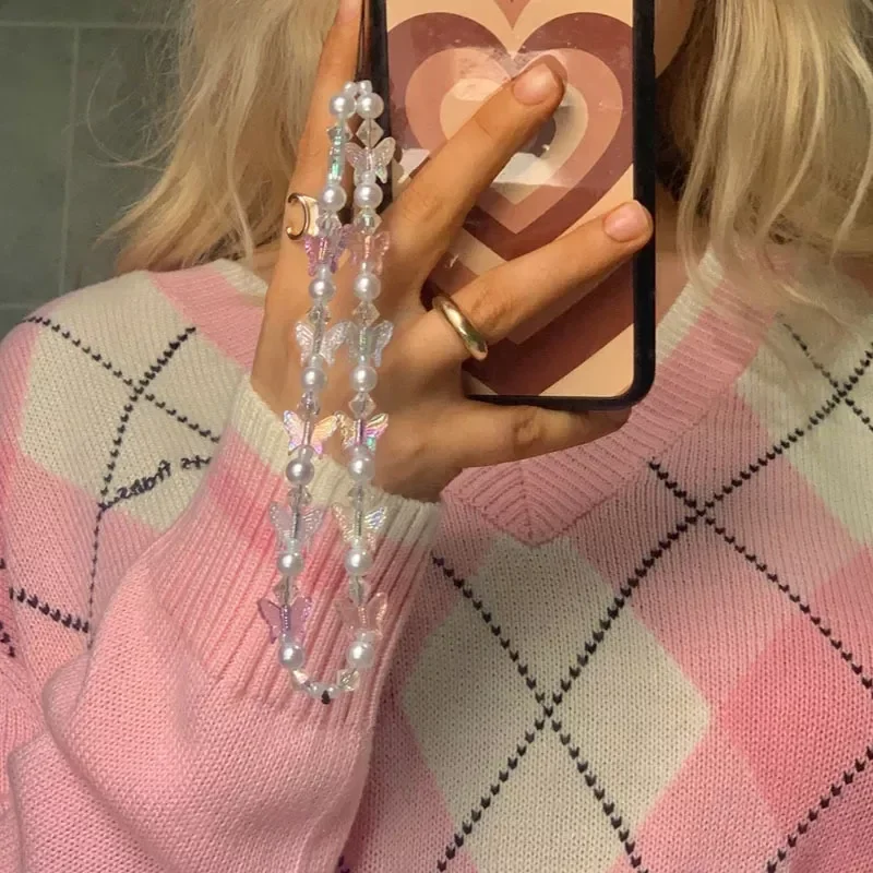 

1Pc New Chain for Mobile Phone Strap Hand Made Charm Butterfly Women Cellphone Jewelry Beads Anti-Lost Lanyard Phone Accessories