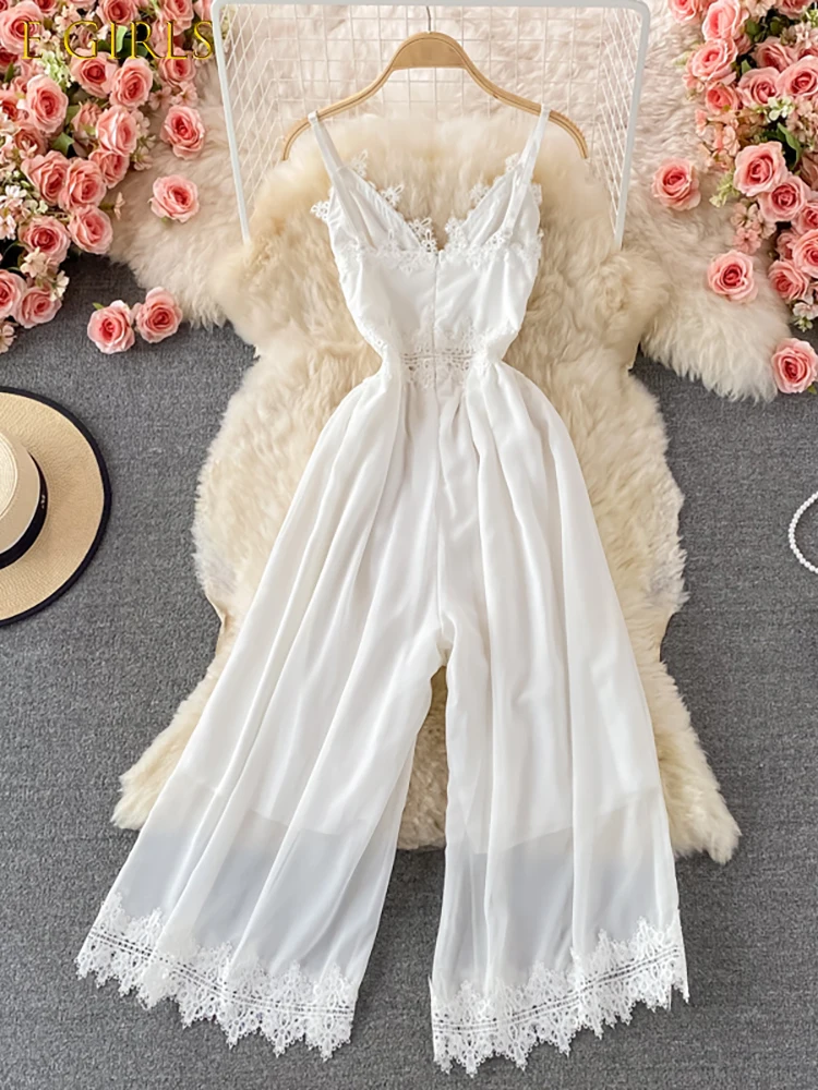 E GIRLS Summer Women Lace Chiffon Romper White Sexy V-Neck Sleeveless Wide Leg Hollow Out Strap Party Beach Jumpsuits Female
