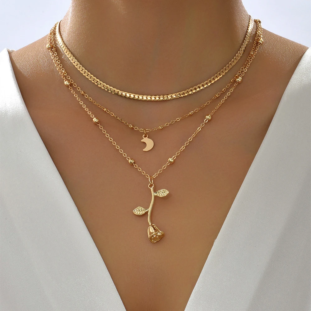 

Bohemia Multilayer Moon Gold Color Pendant Necklaces For Women Rose Flower Choker Necklace 2022 Fashion Jewelry Party Gift