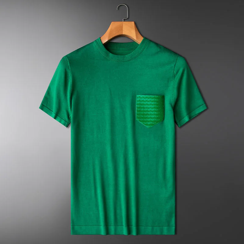 Luxury summer trend personalized knitted T-shirt men's short sleeve round neck high-end elastic slim fit sweater half men |