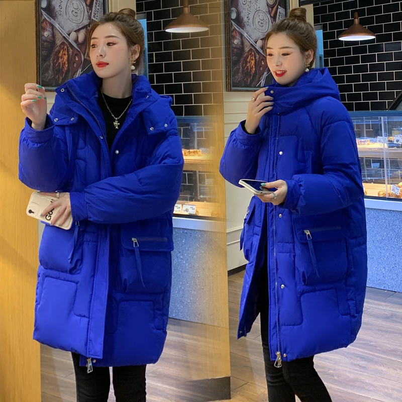 Korean Winter Women Mid-long Parkas Jackets Casual Pockets Thick Warm Hooded Loose Coat Female Winter Outwear Windproof Parkas