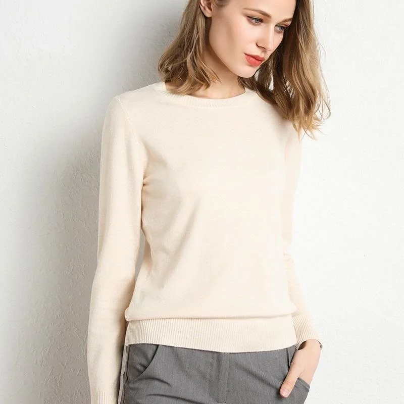 

Hot sale Female Slim O-Neck Pullover Cashmere Wool Blending Sweater Autumn And Winter Long-Sleeved Knit Bottoming Shirt Large Si