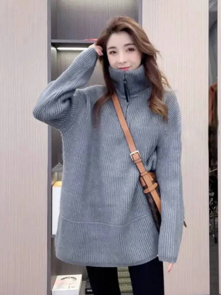 Утолщенный свитер на молнии с высоким воротником женский осень и зиму новый