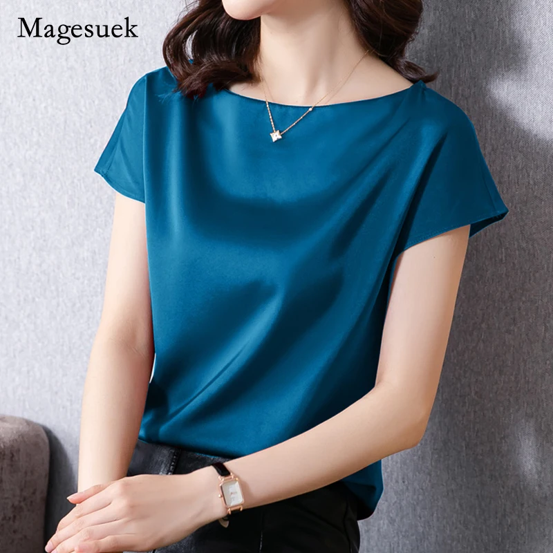 

Fashion Short Sleeve Blouses Satin Women Office Lady 2023 Summer Tops Shirt Solid O-neck Loose Casual Elegant Silk Blusas 13377
