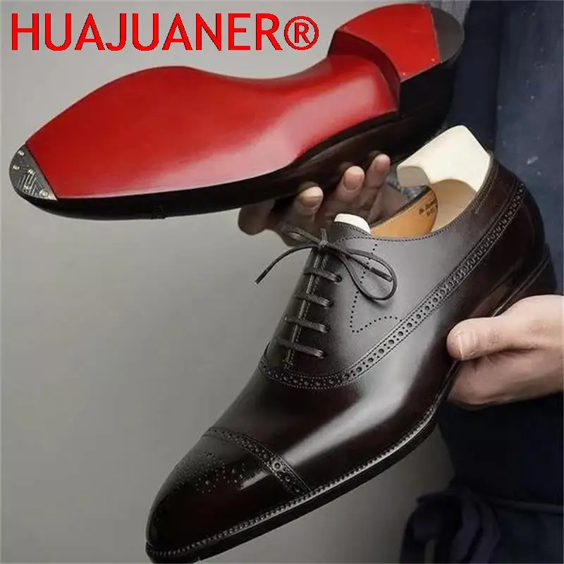 

HUAJUANER Oxfords Men Shoes Red Sole Fashion Business Casual Party Banquet Daily Retro Carved Lace-up Brogue Dress Shoes