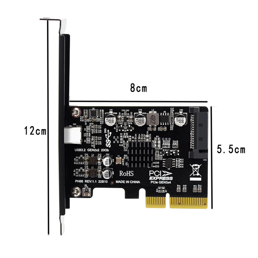 USB PCIE-карта Type C PCI-Express 4X к 3 2 Gen 2X2 (20 Гбит/с) Чипсет ASM3242 для 8/10/Linux
