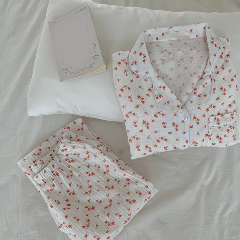 Women Autumn Button Down 2 Piece Pajamas Set Long Sleeve Lapel V-Neck Tops and Elastic Waist Pants Little Floral Printed 37JB