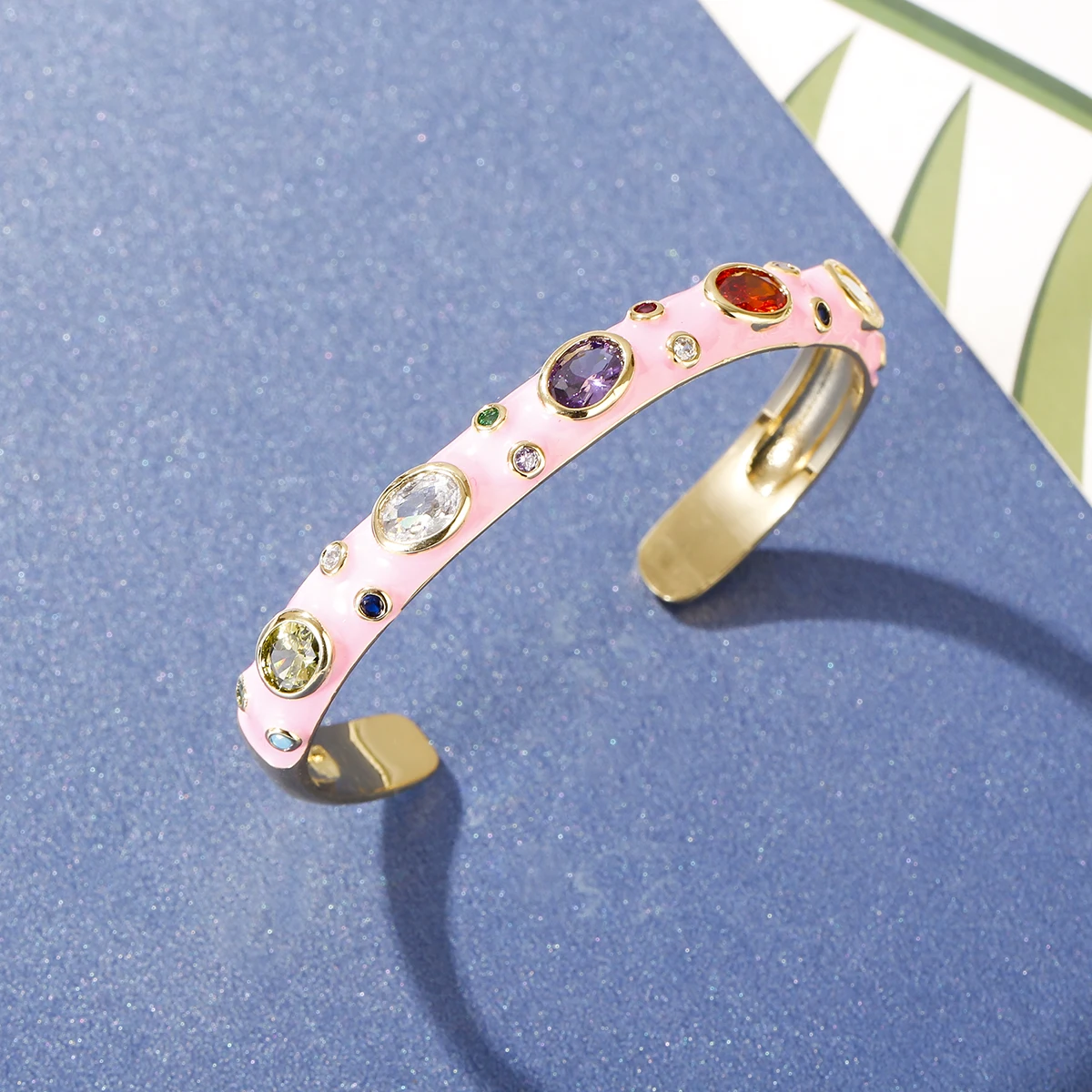 

Luxury Zircon Crystal Gold Color Bangle Bracelet For Women Summer Classic Pink Dripping Oil Cuff Bracelets Rhinestones Gift