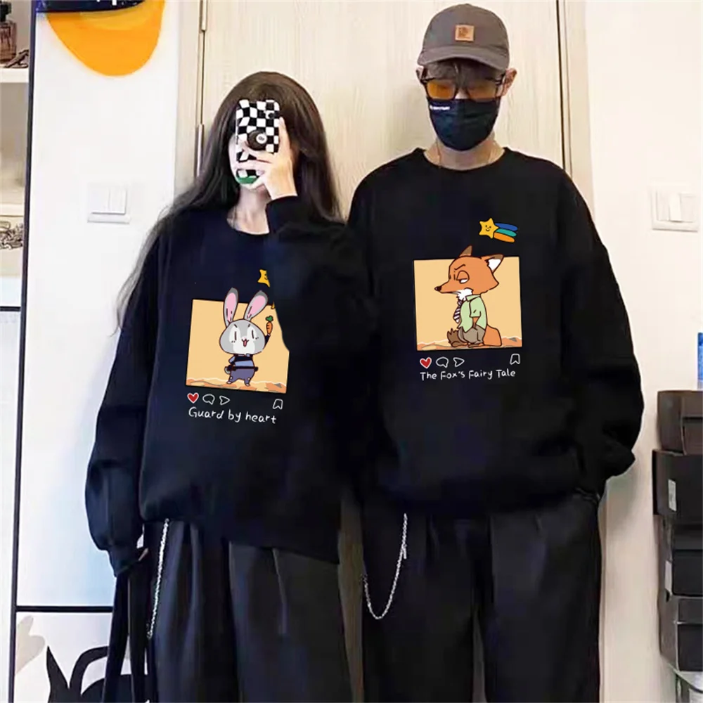 XIEHNASA Couple Sweatshirt Anti-Static Cartoon Fox and Rabbit Printed Pullover Soft Cotton Crewneck Tops For Men Women S-3XL