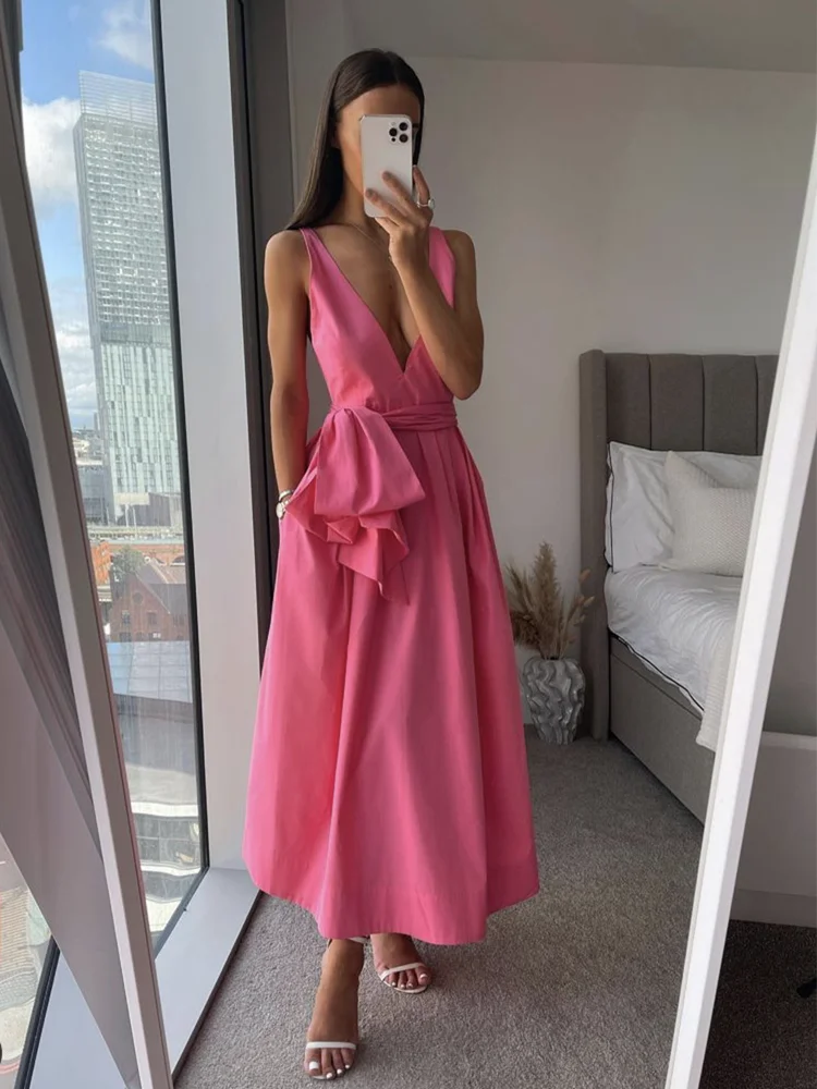 

Woman Sweet Pink V Neck Dress 2022 Summer Casual Backless Beach Long Dresses Ladies Cute Bow Sleeveless Dress