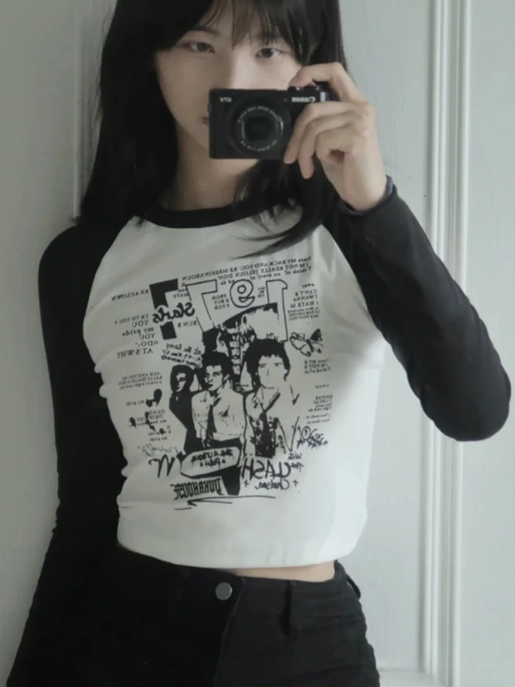 

American Retro Contrast Color Long-Sleeve T-Shirt Women 2023 New Fashion y2k Kpop Clothing Vintage Streetwear Female Tops