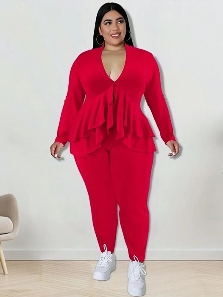 Plus Size Women Clothing Chic and Elegant Pants Suit Set Two Piece Sets Coat Ruffle Blazer Sets Wholesale Bul 3xl 4xl 5xl 6xl