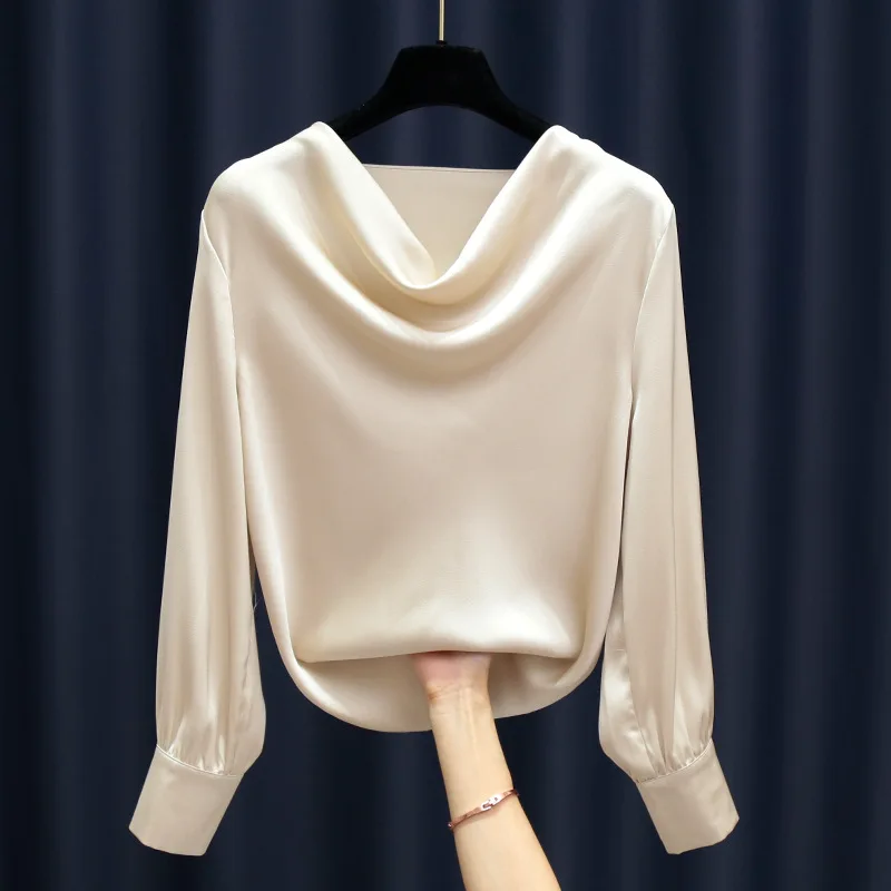 Fashion high-grade airy neckline satin blouse long-sleeved chiffon blouse Women Chiffon Blouse Shirt Elegant